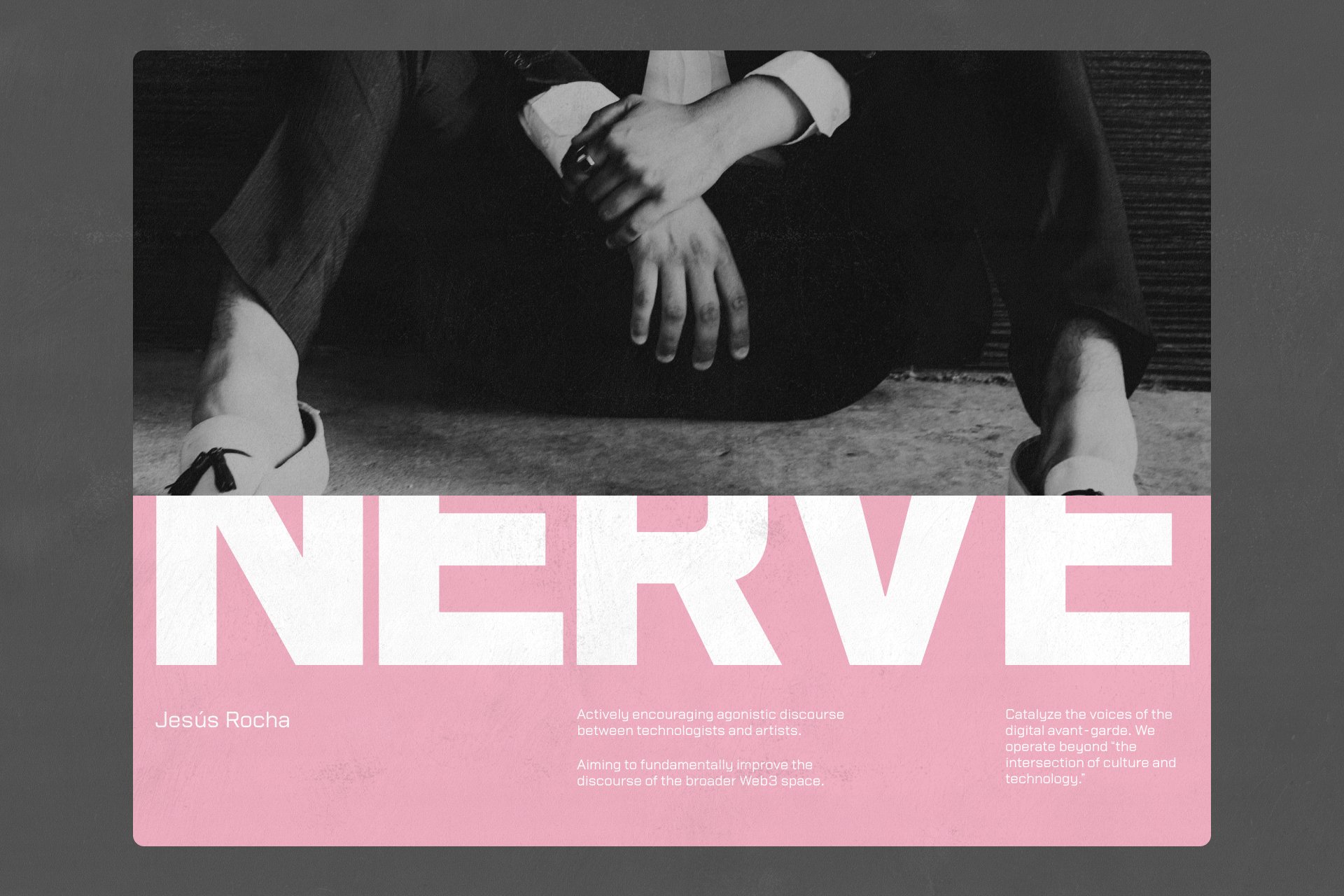 Black and white photo of seated person with hands clasped. Bold text NERVE on pink background. Graphic design, modern layout, digital art asset.