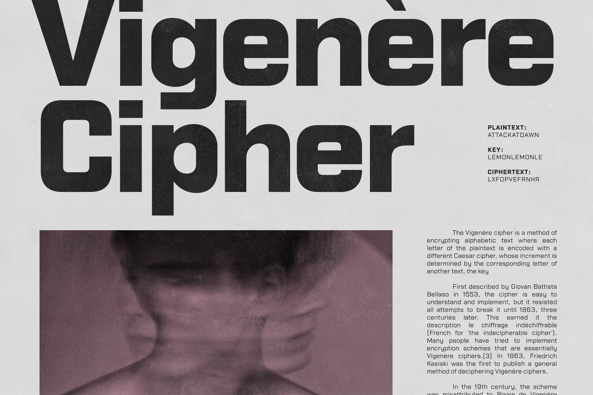 Bold modern font design displaying Vigenère Cipher concept with blurred abstract graphic. Perfect for typography projects and creative design templates.