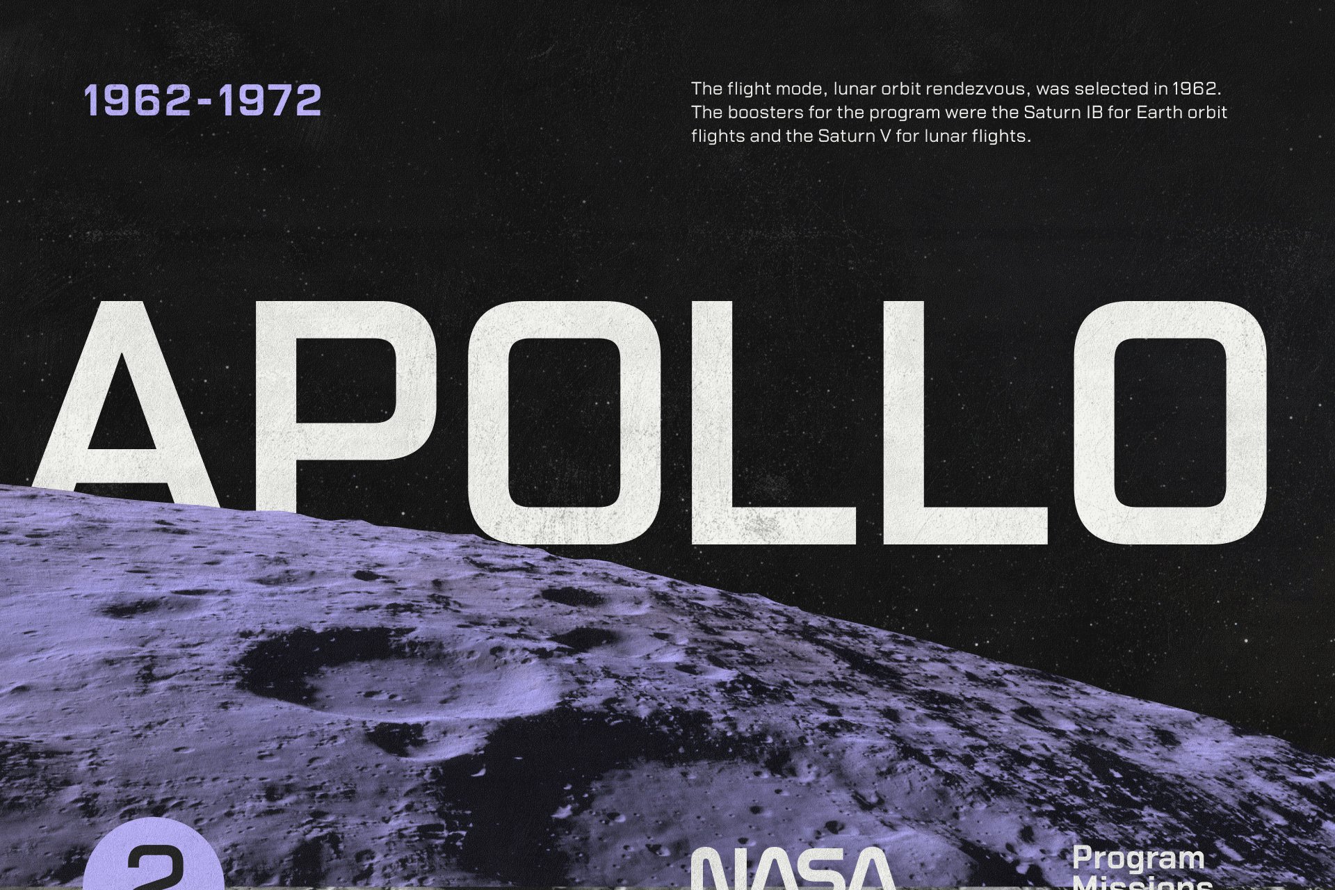 Apollo space design graphic featuring bold typography over lunar surface. Ideal for templates or mockups related to space exploration and history.