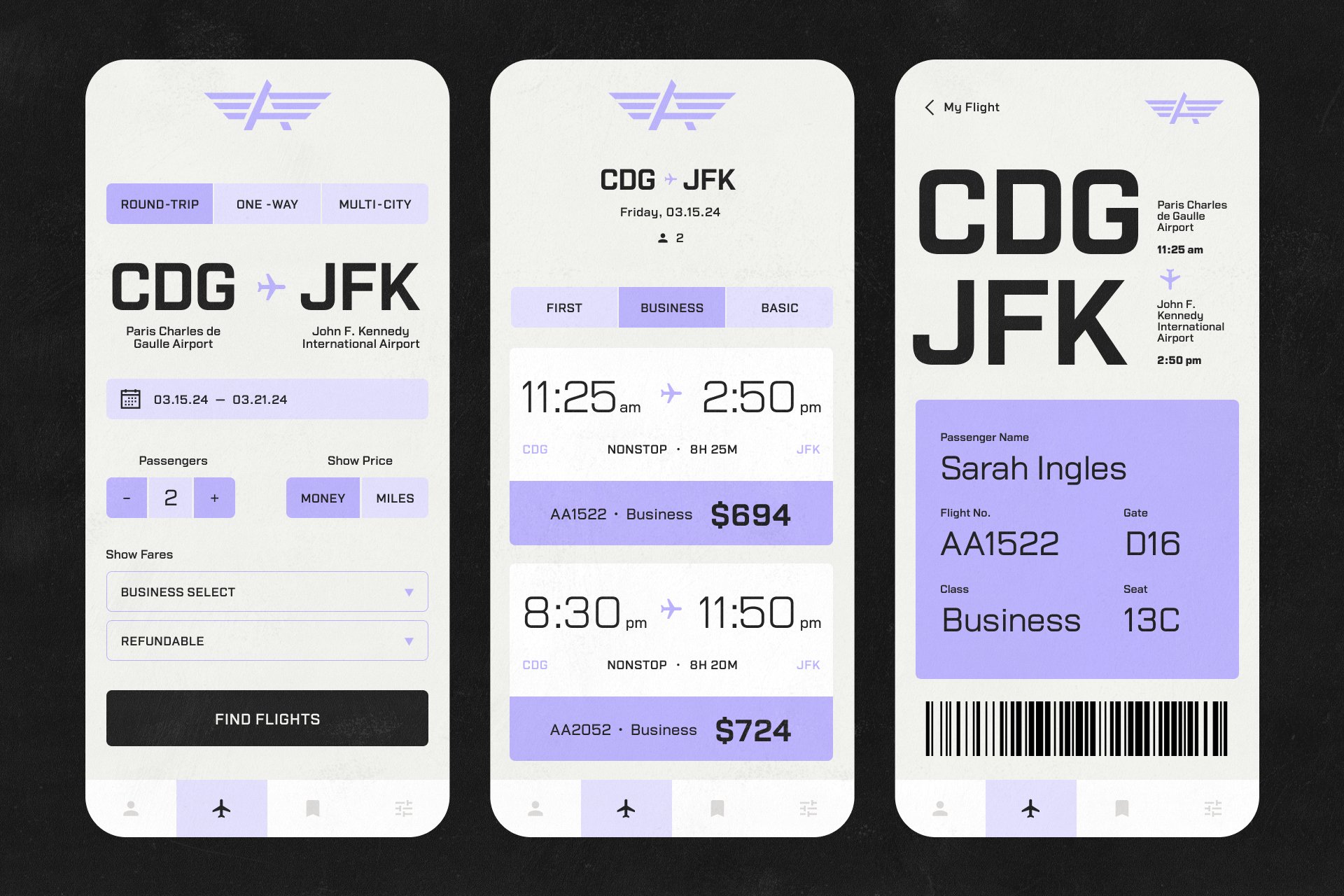 Flight ticket mobile app mockup for designers digital asset. Modern layout featuring flight details CDG to JFK UX UI design template sleek minimalist style.