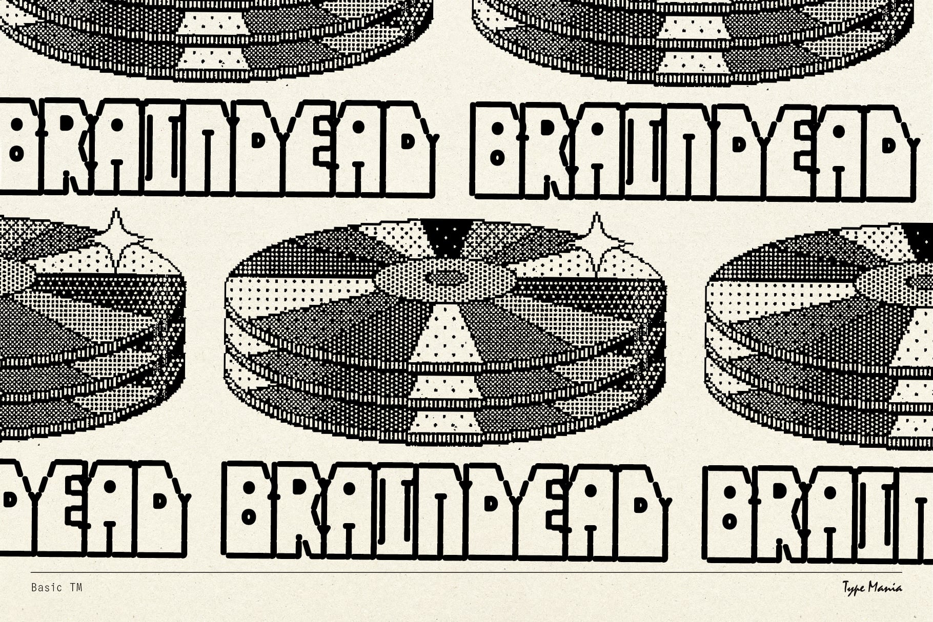 Vintage halftone layered burger graphics with Bratty Britney text repeated below