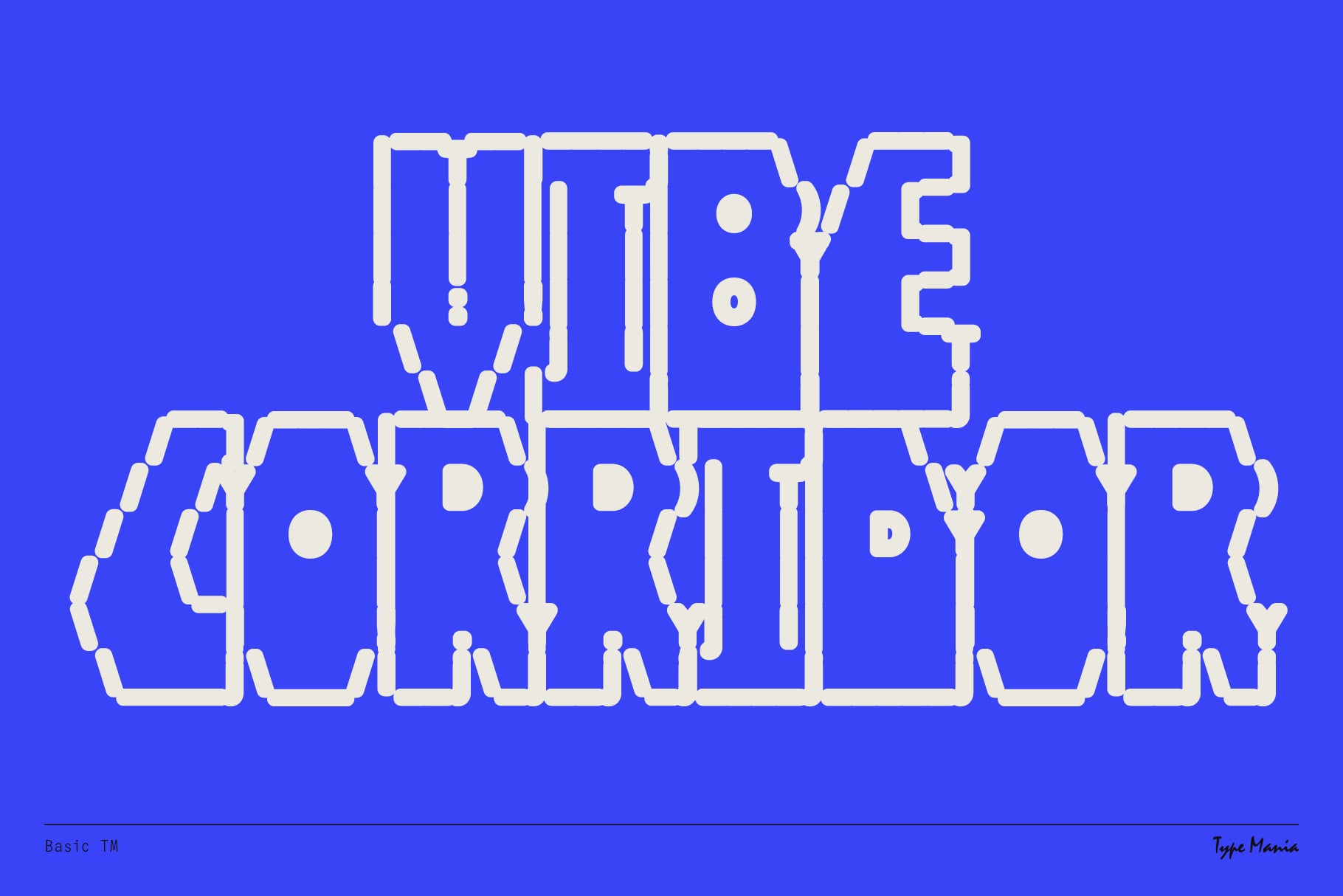 Bright blue backdrop with white outlined text reading Vibe Corridor in blocky style
