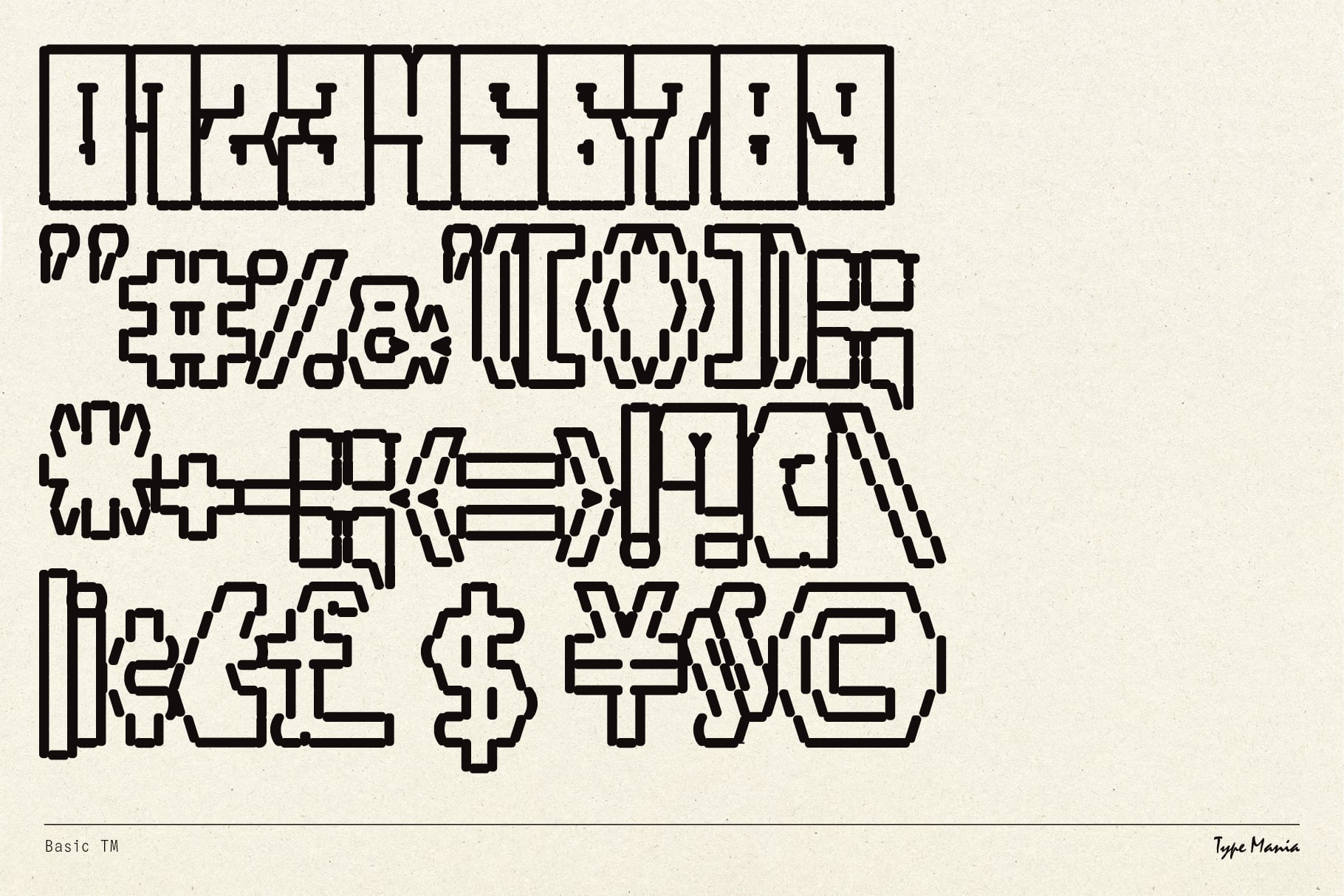 Geometric outlined pixel font displaying multiple character variations on cream backdrop