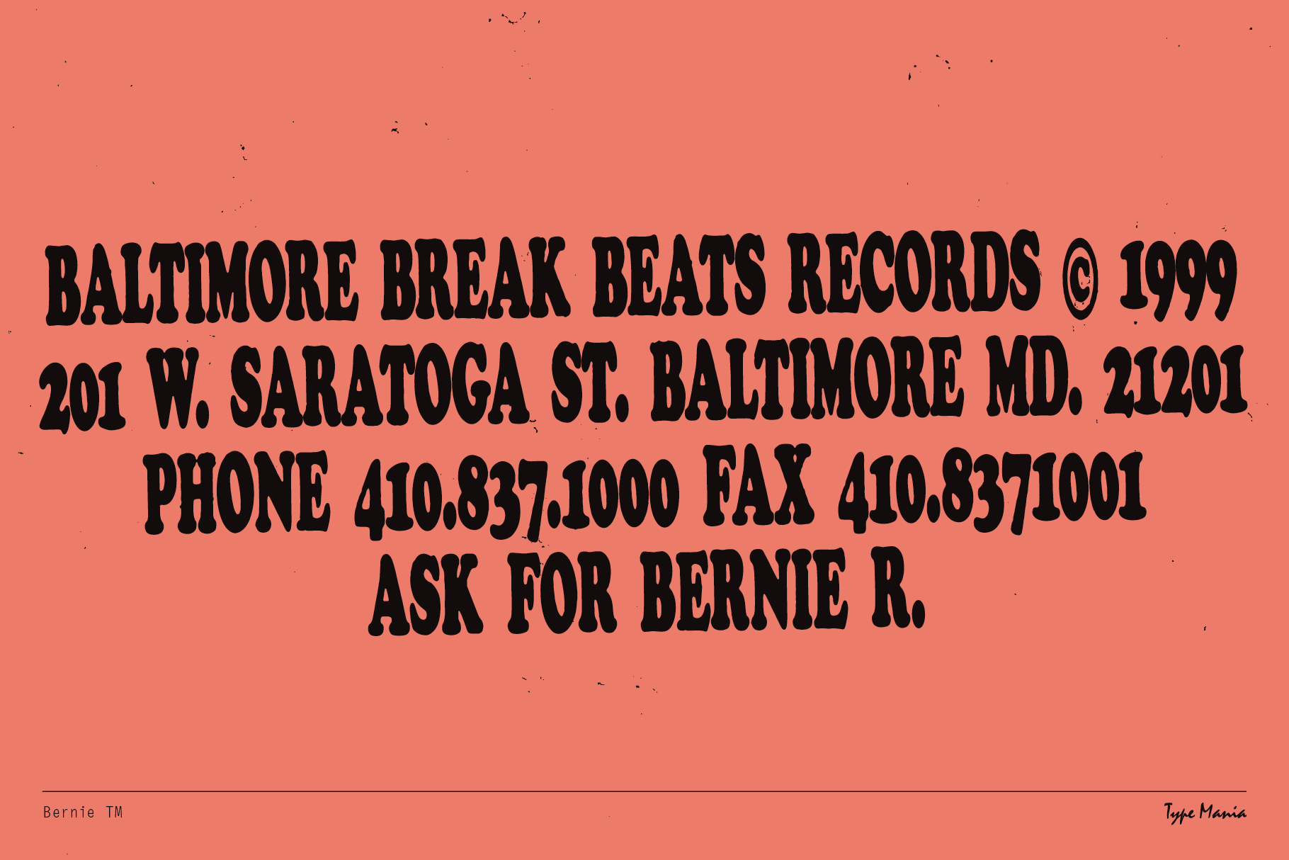 Retro typography poster featuring vintage-style bold text for Baltimore Break Beats Records with address details, ideal for graphic design projects.