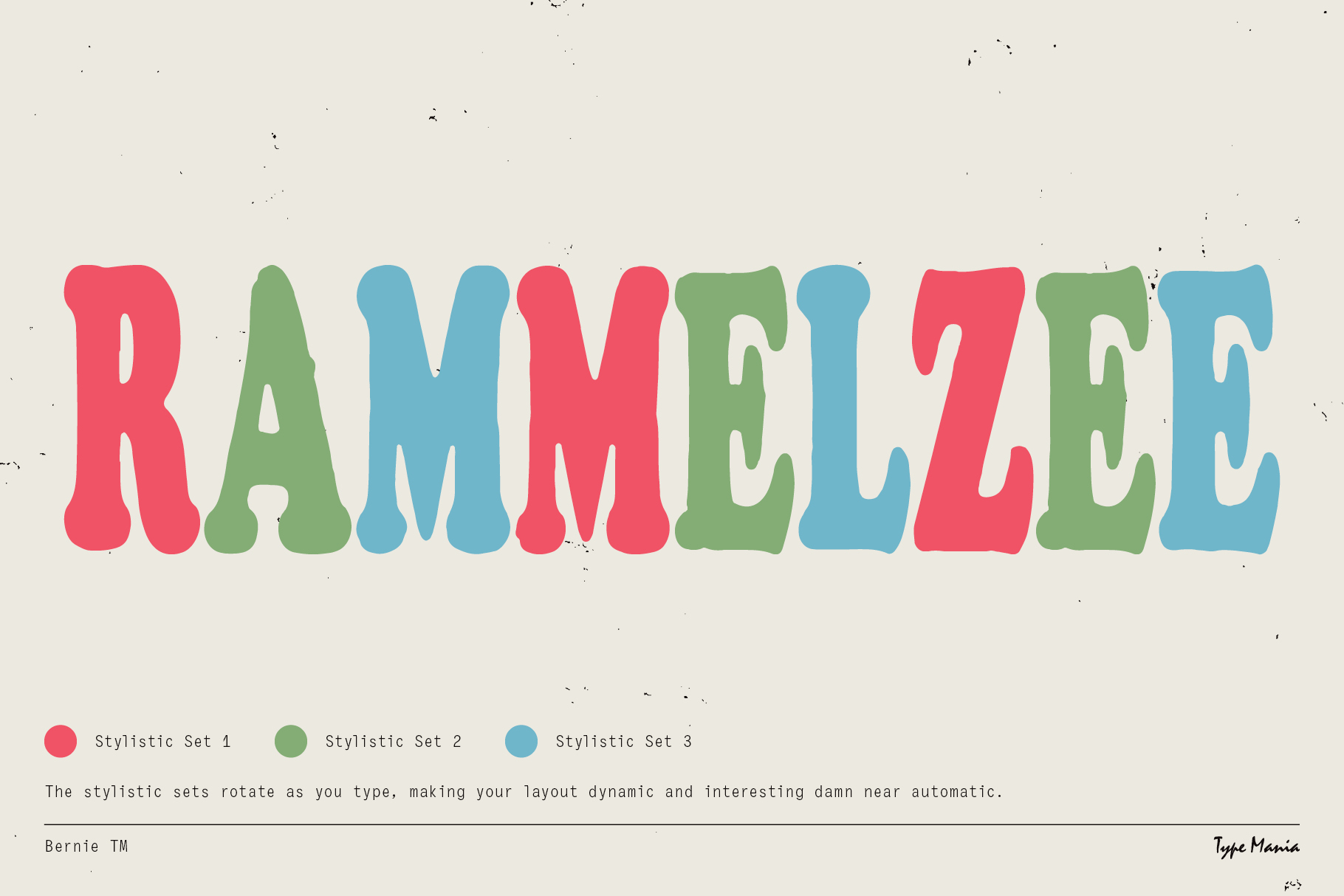 Bold retro font spelling RAMMELZEE in red green blue. Dynamic typographic style with rotating stylistic sets. Ideal for creative graphic design projects.