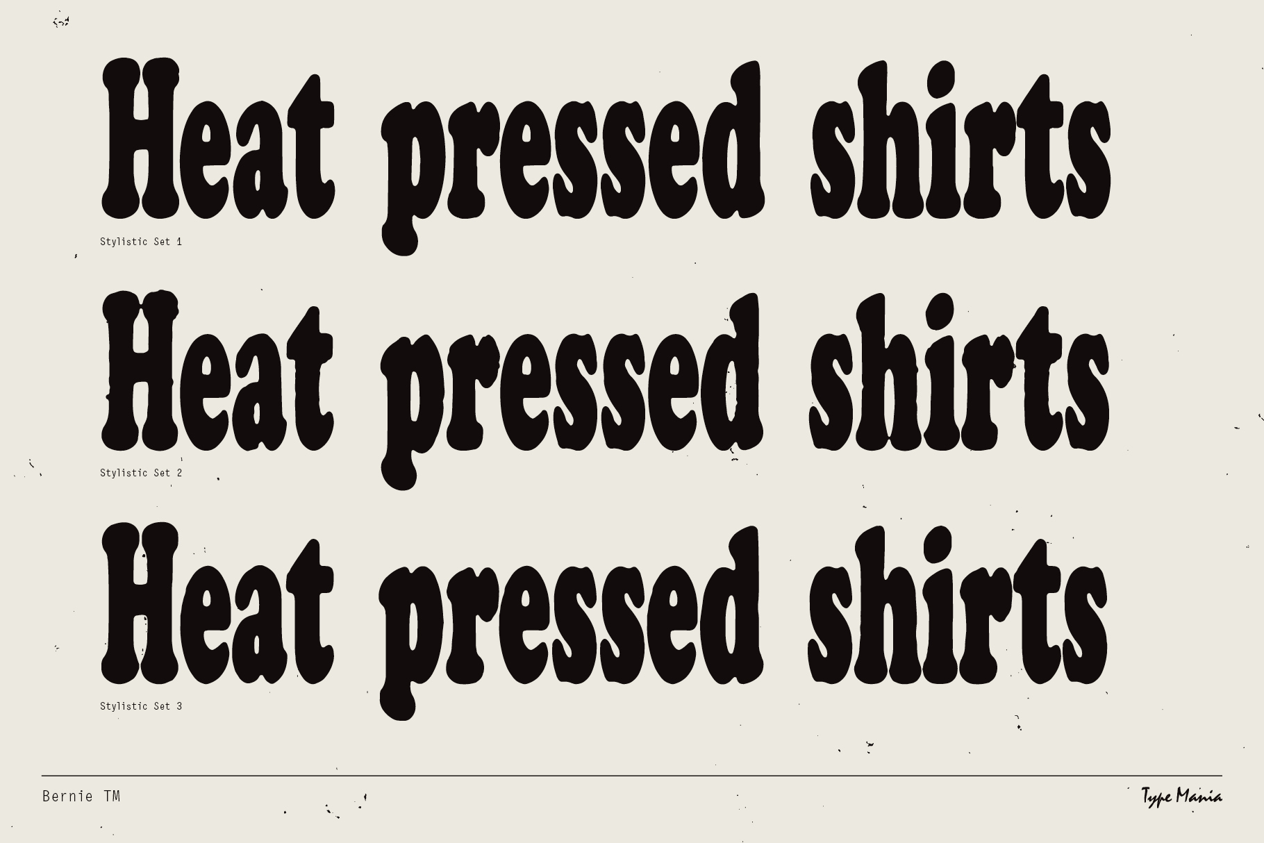 Vintage-style font examples saying Heat pressed shirts in three styles suitable for typography design fonts graphic assets and design templates.