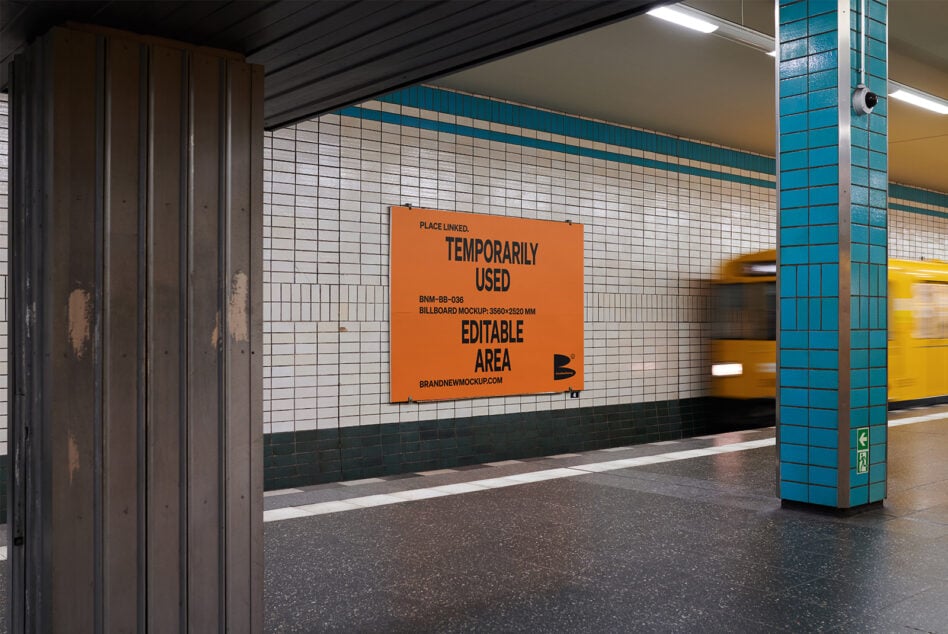 Orange billboard mockup on white tiled subway wall with moving yellow train