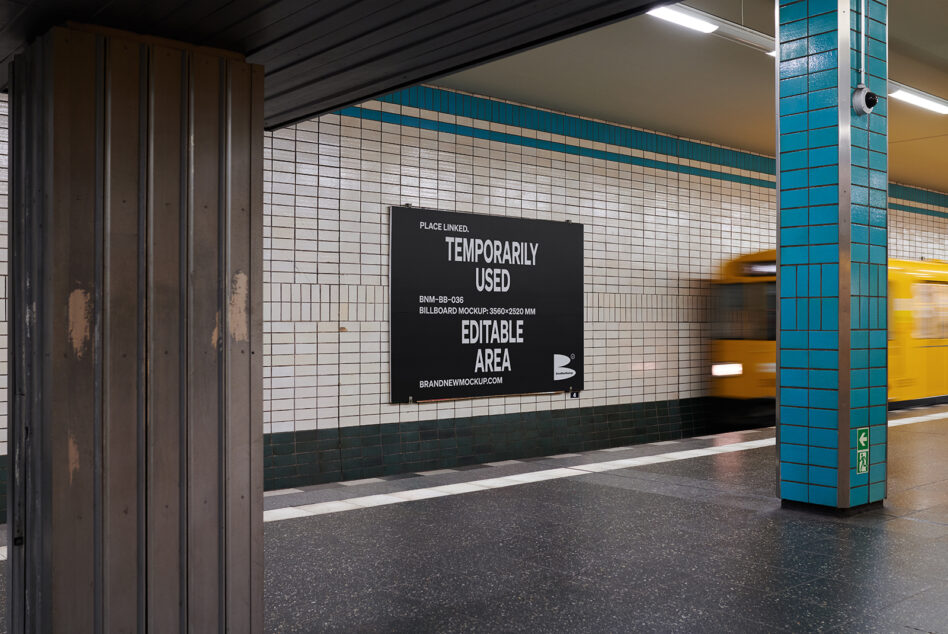 Black horizontal billboard mockup in subway station with yellow train passing by