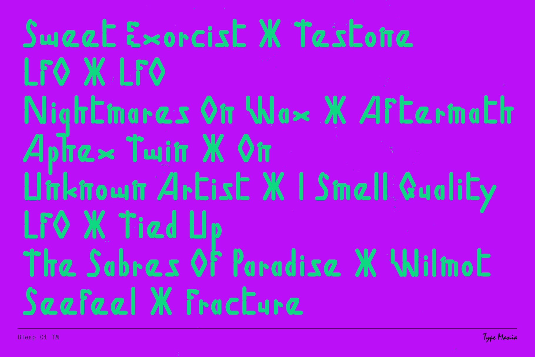 Cyan text listing band names on intense magenta background