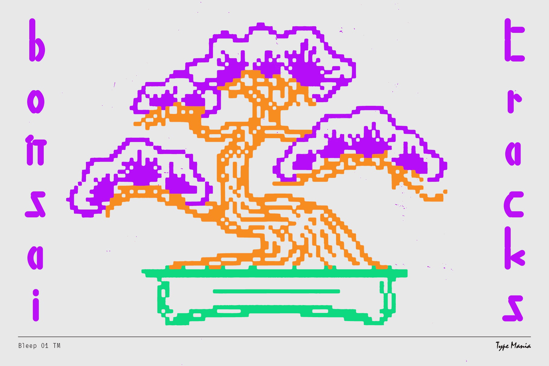 Pixelated bonsai tree with magenta, orange plus green color blocks