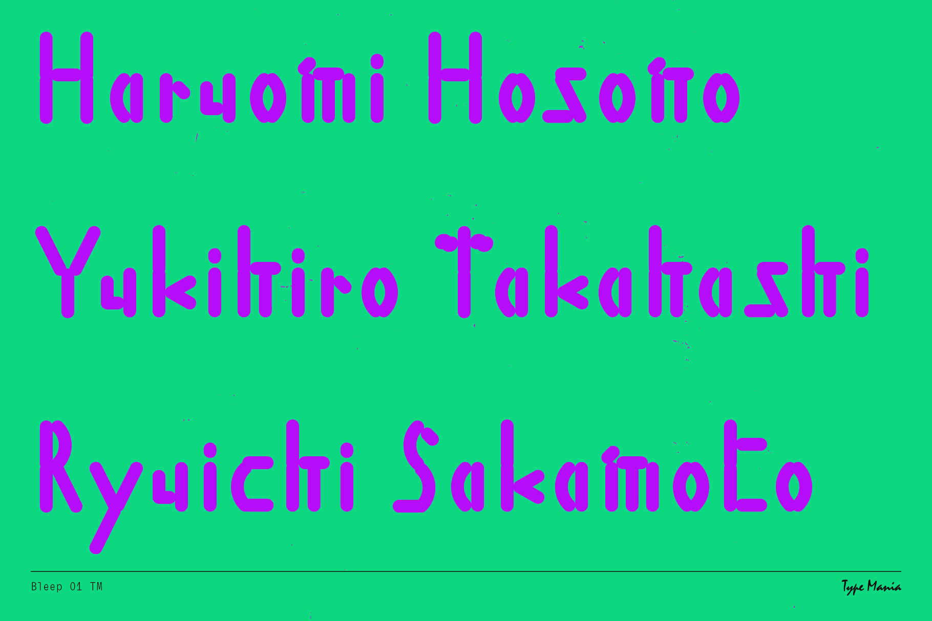Japanese character names in magenta on vibrant teal background