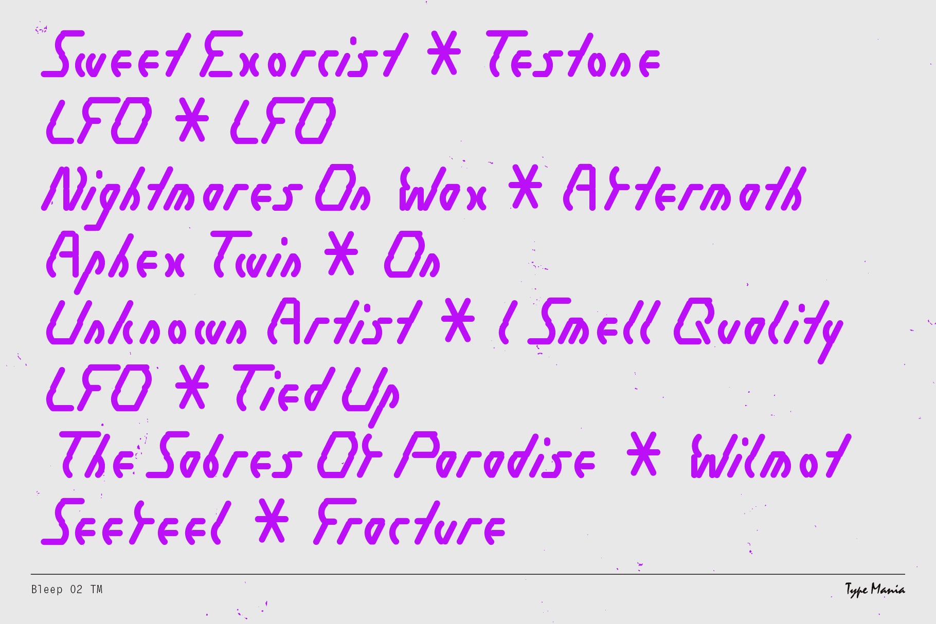 Purple handwritten list of band names separated by asterisks on gray