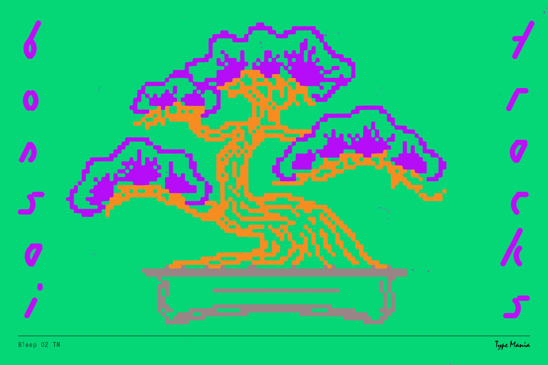 Bright green background with pixelated bonsai tree in orange, magenta borders
