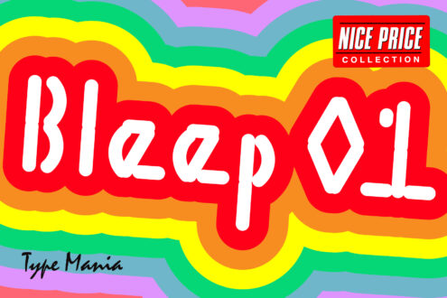 Colorful wavy rainbow layers behind chunky red bubble letters saying Bleep 01 with Nice Price Collection badge