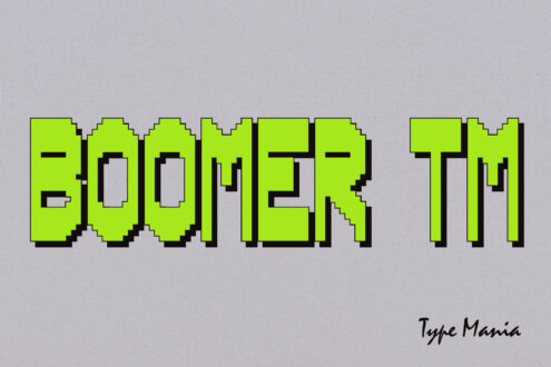 Lime green pixelated letters spell Boomer TM in retro arcade style on gray background