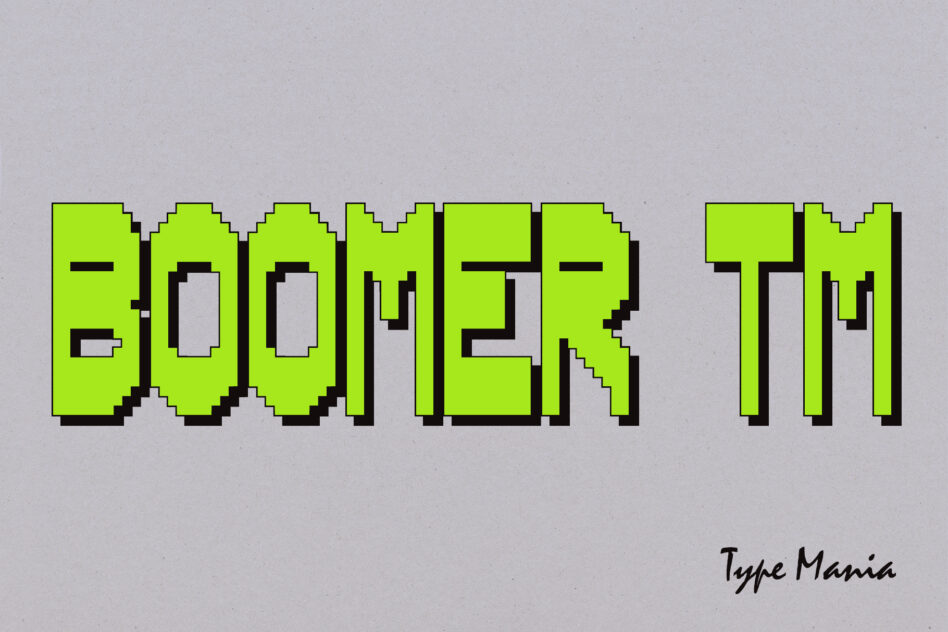 Neon green pixelated font spelling Boomer TM on gray background perfect for graphics looking for a retro digital typeface and vintage style décors.