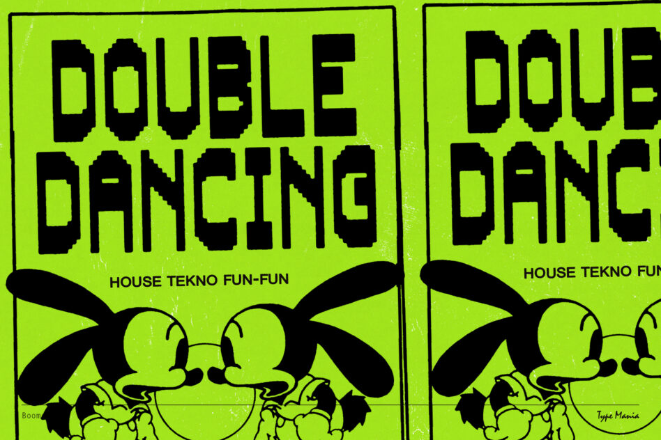 Bold pixelated font reads Double Dancing in black on bright green background with cartoon characters. Retro graphic poster for designers digital assets.