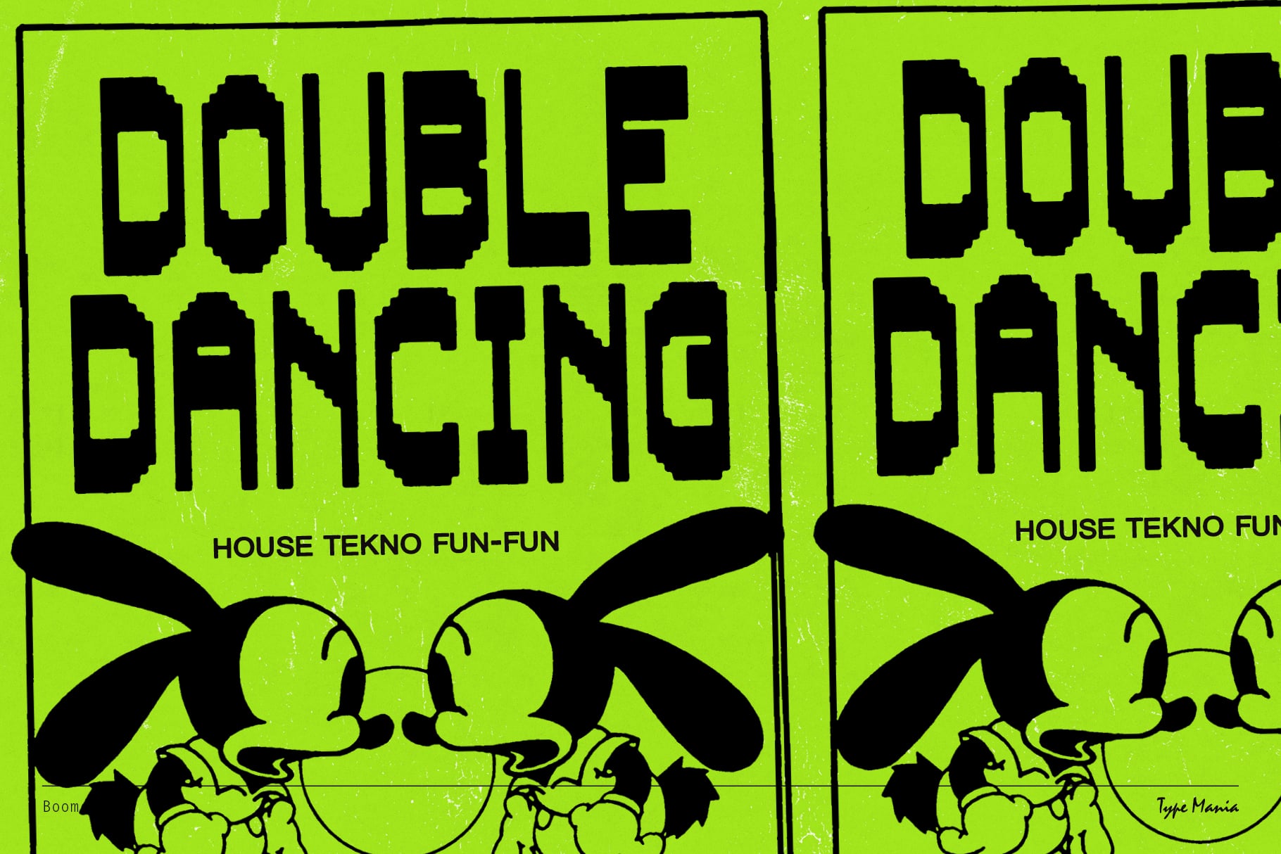 Bright lime split panel design with Double Dancing in black letters two cartoon characters below