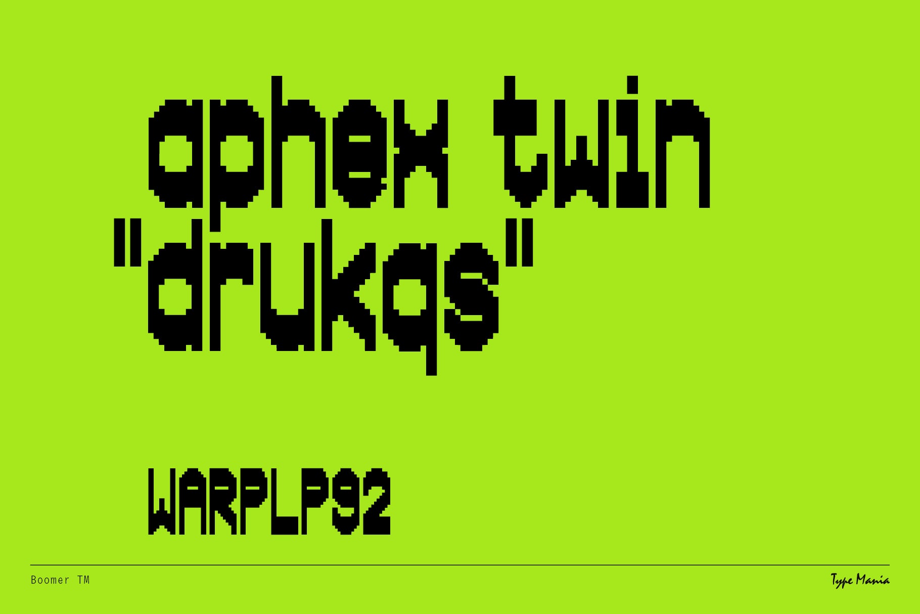 Lime green background with black pixelated text reading Open Twin Cruks in Boomer TM font