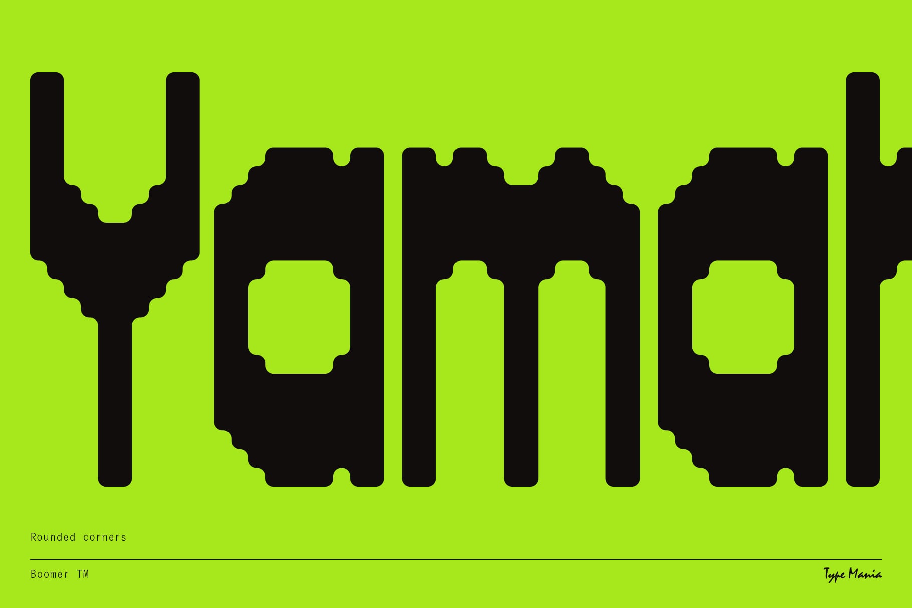 Boomer TM font showcasing rounded corner variations in black on bright green