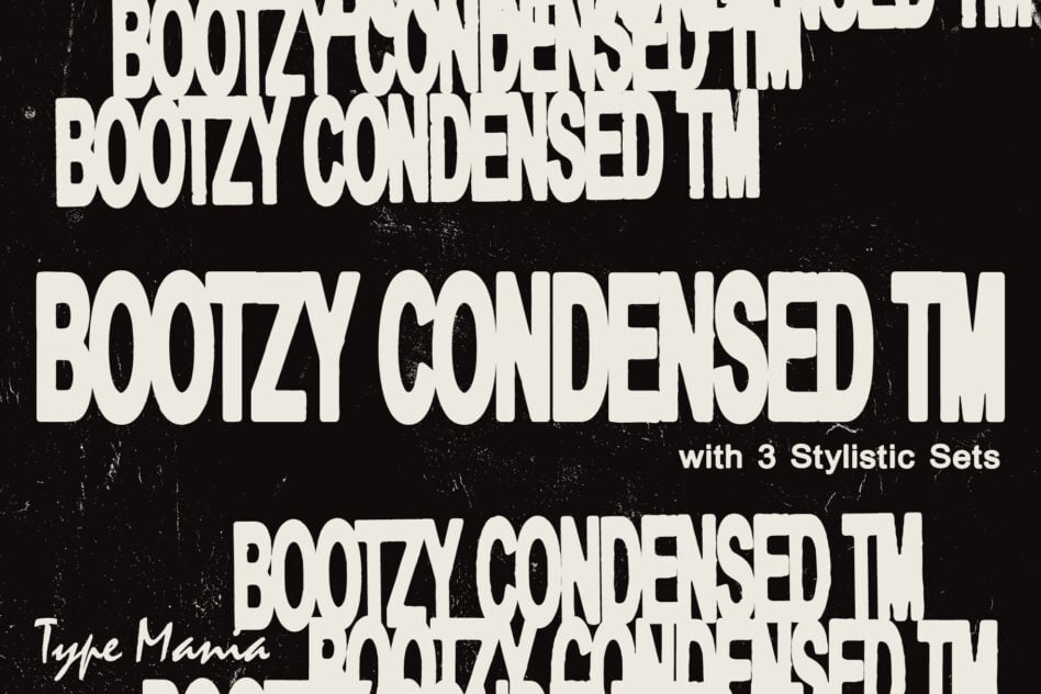 Bold, grunge font Bootzy Condensed TM displayed in various styles on textured black background ideal for designers looking for unique typography.