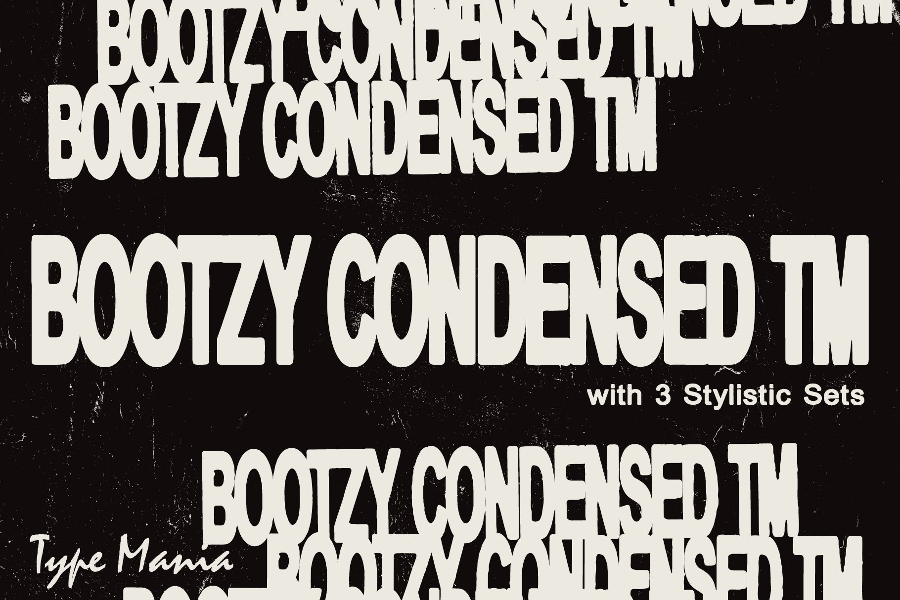 Bold, grunge font Bootzy Condensed TM displayed in various styles on textured black background ideal for designers looking for unique typography.