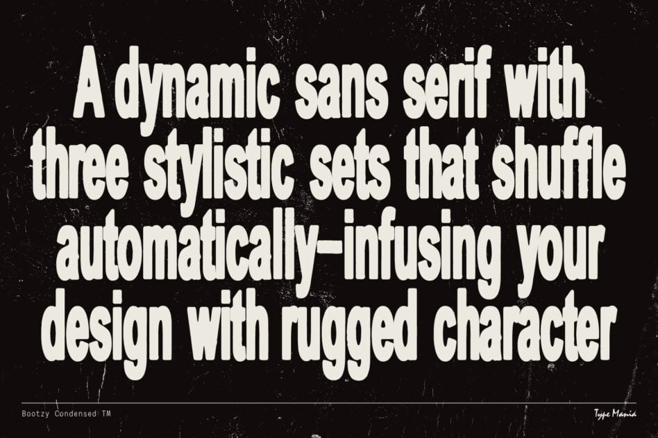 Bold sans serif typeface with dynamic stylistic sets creates rugged design character, ideal for graphic design projects and typography templates.