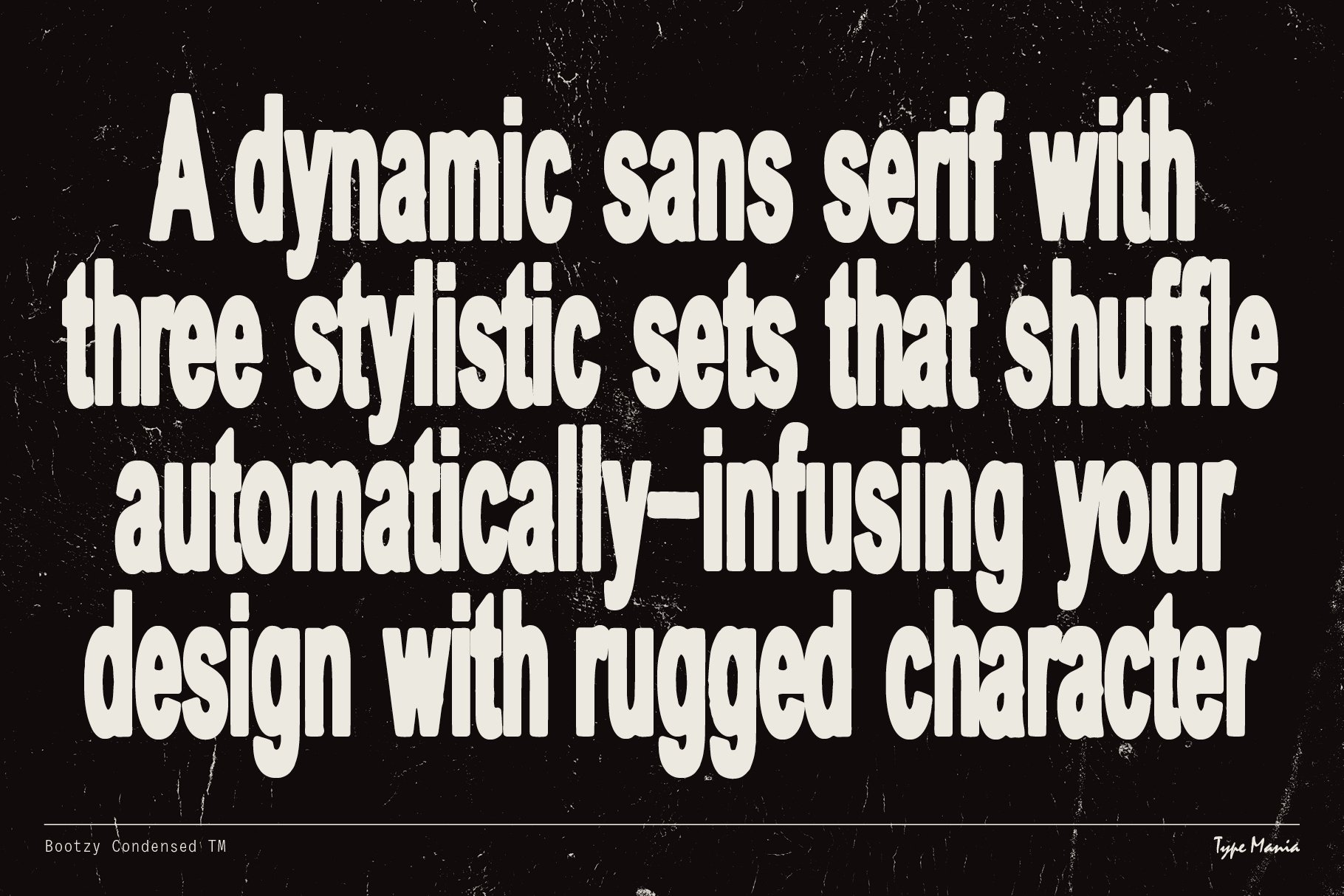 Bold sans serif typeface with dynamic stylistic sets creates rugged design character, ideal for graphic design projects and typography templates.