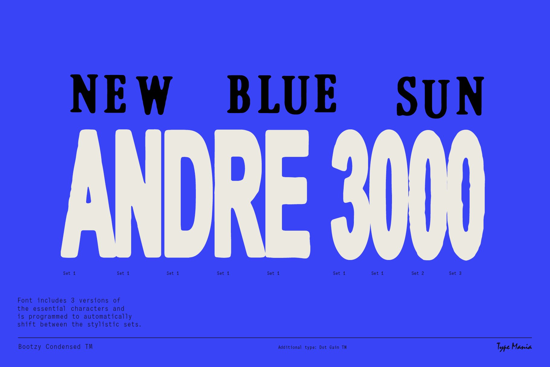 Bold font display with text New Blue Sun and Andre 3000 on a blue background ideal for typography and graphic design projects featuring unique styles.