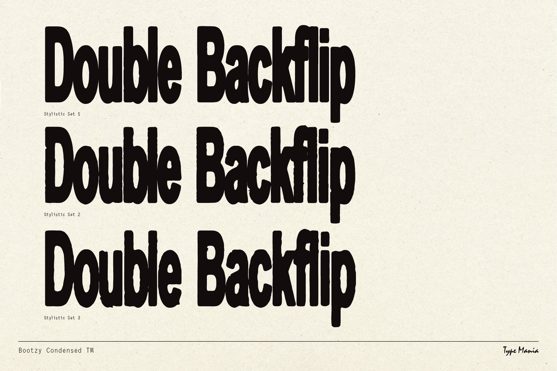 Bold typographic image showcasing three variations of the Double Backflip text in Bootzy Condensed font. Ideal for graphic design projects.