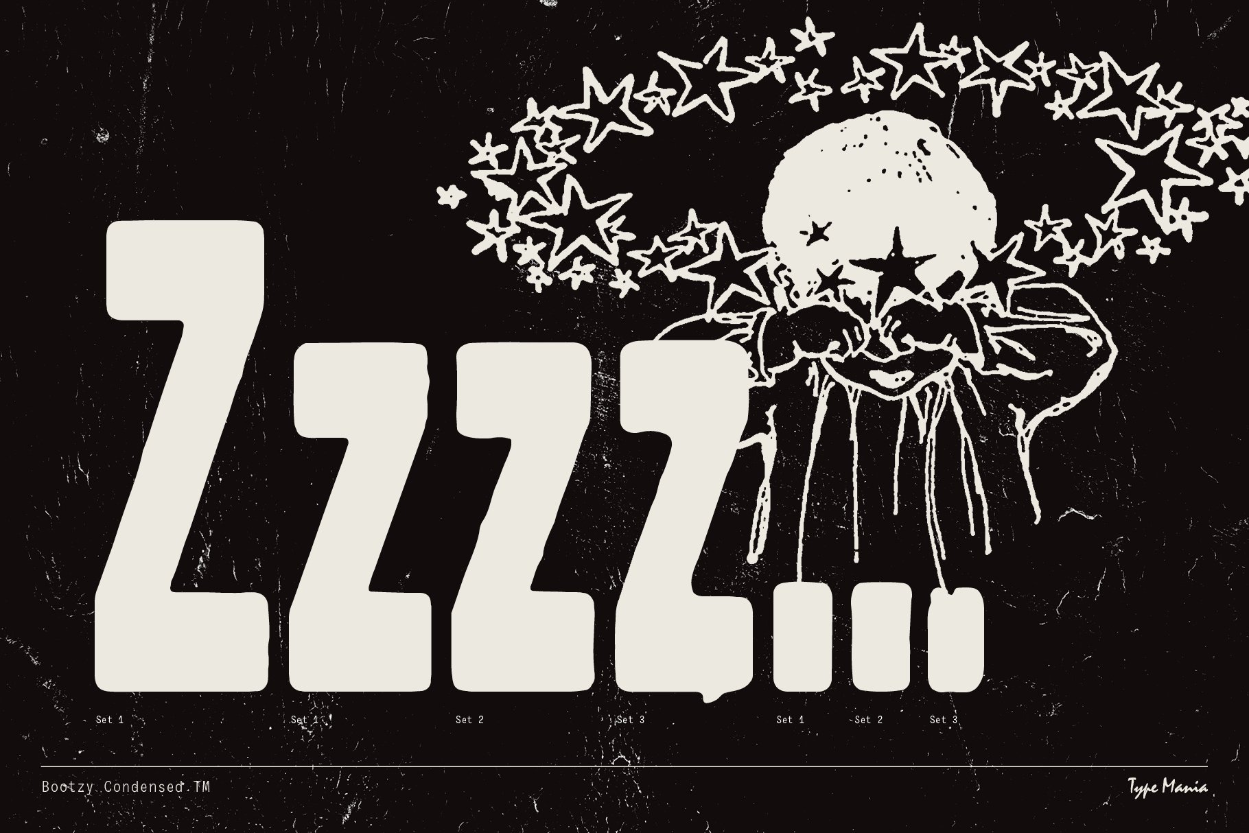 Retro condensed font design featuring large Zzzz text and a child illustration surrounded by stars. Ideal for typography projects and vintage graphics.