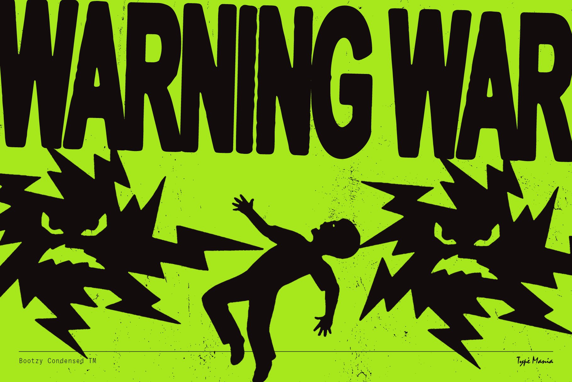 Bold typography design featuring the words Warning War with silhouettes and lightning bolts on a vibrant green background ideal for graphics projects.