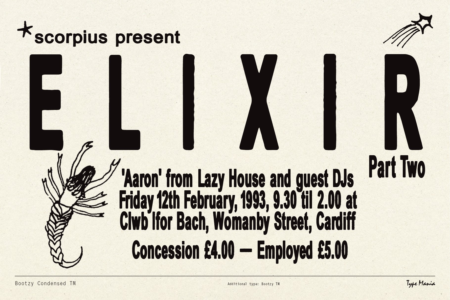 Event flyer featuring bold typography for Elixir Part Two with scorpion illustration. Details include date location and tickets price. Suitable for graphic designers.