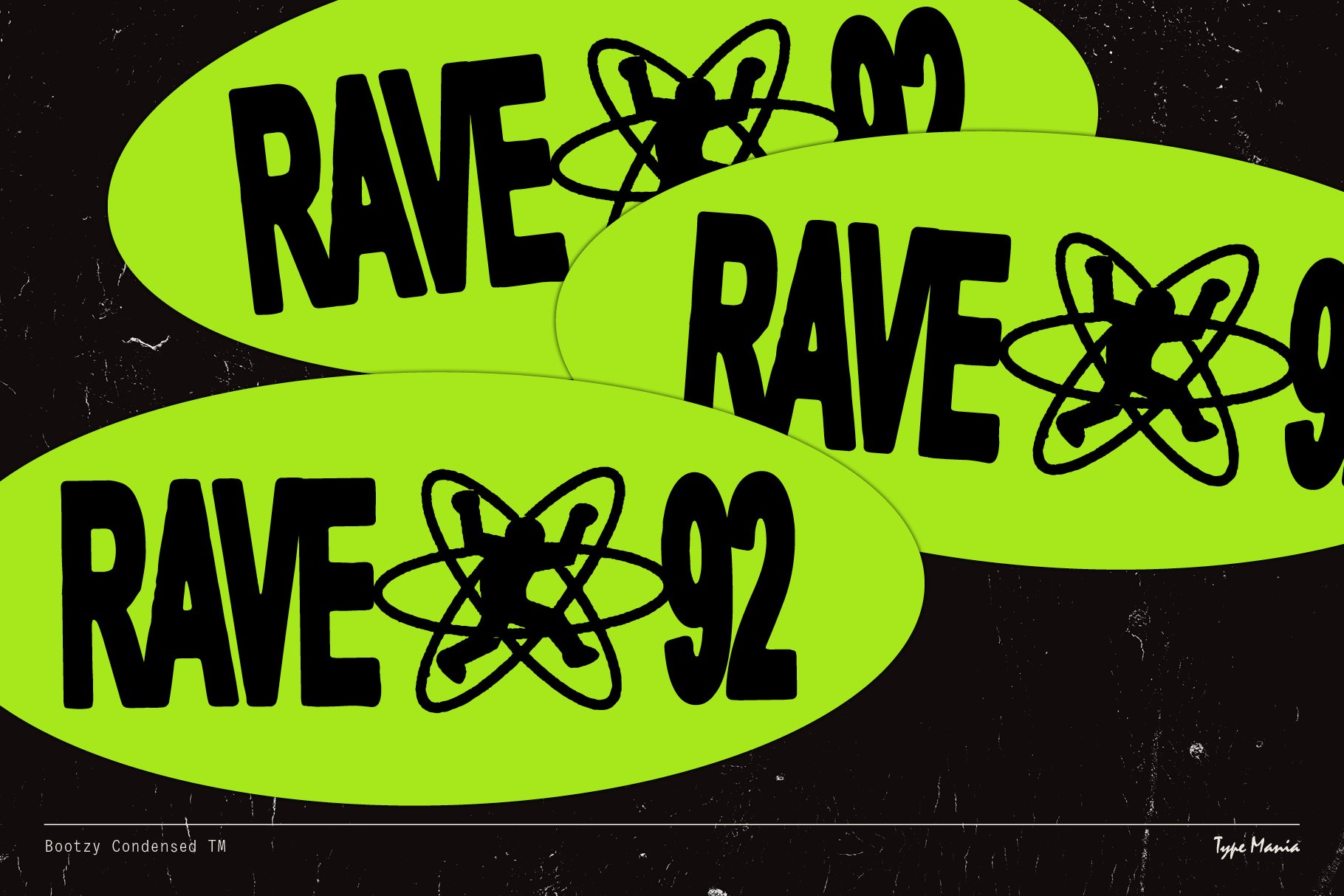 Neon green rave design featuring bold black text RAVE and atomic icons perfect for graphic designers seeking retro digital assets and typography inspiration.