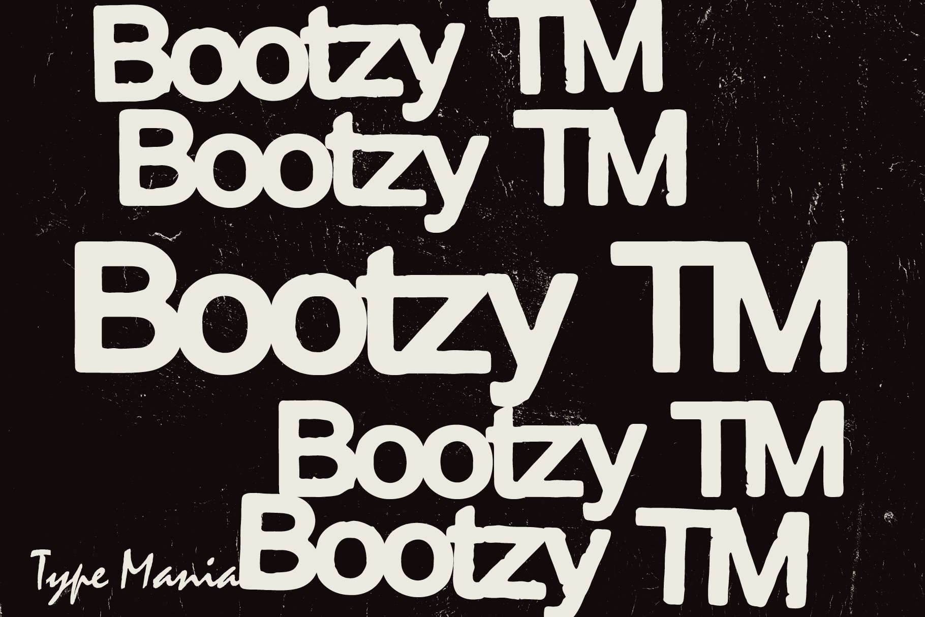 Bold retro typeface Bootzy TM displayed in a distressed black and white style suitable for fonts graphic design typography and creative projects.