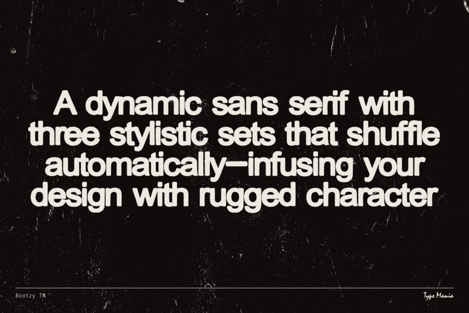 Dynamic sans serif font with three stylistic sets shuffling automatically Rugged character design Typography asset for designers Fonts category