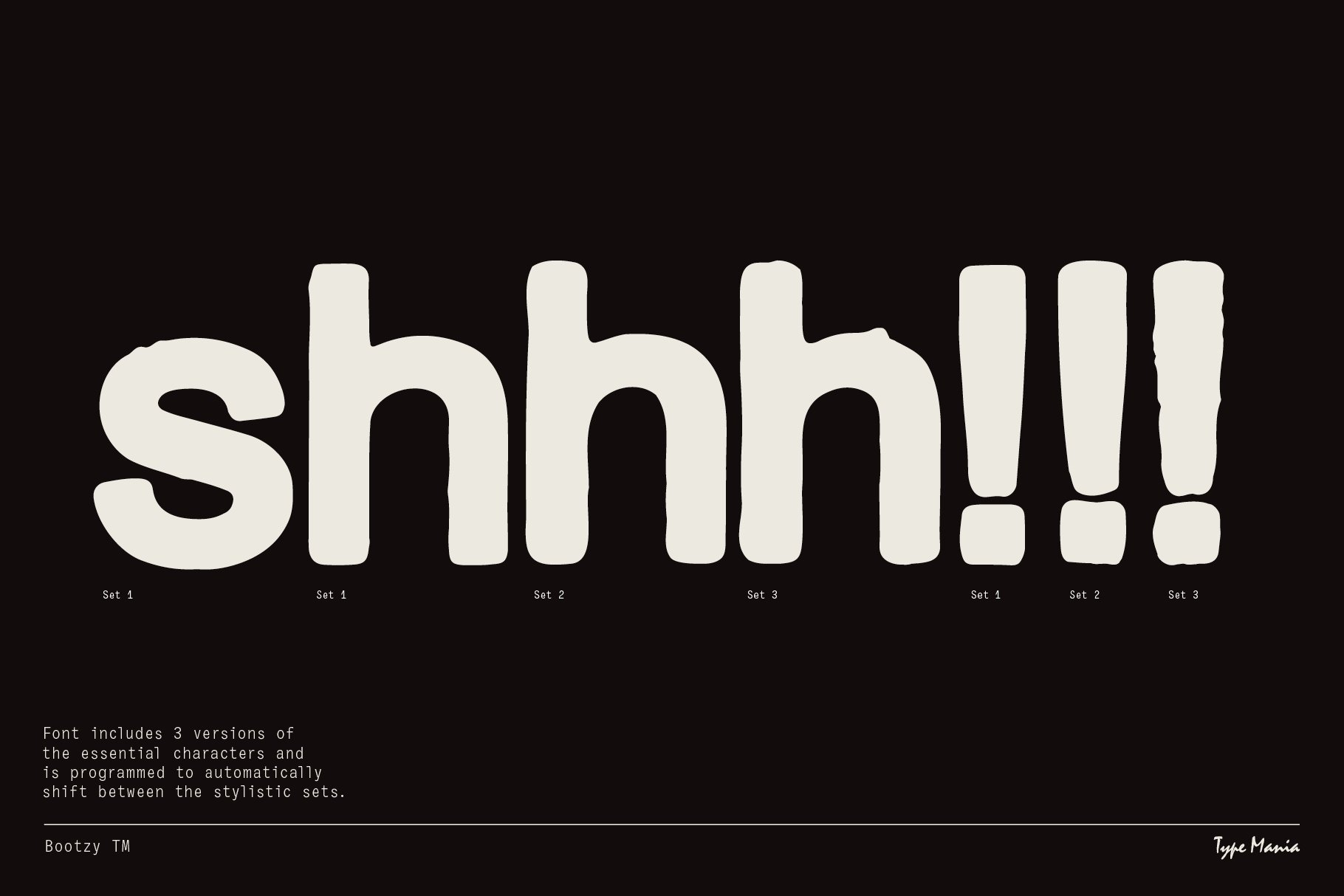 Digital font design displaying the word shhh in three stylistic variations on a dark background ideal for typography projects and templates.