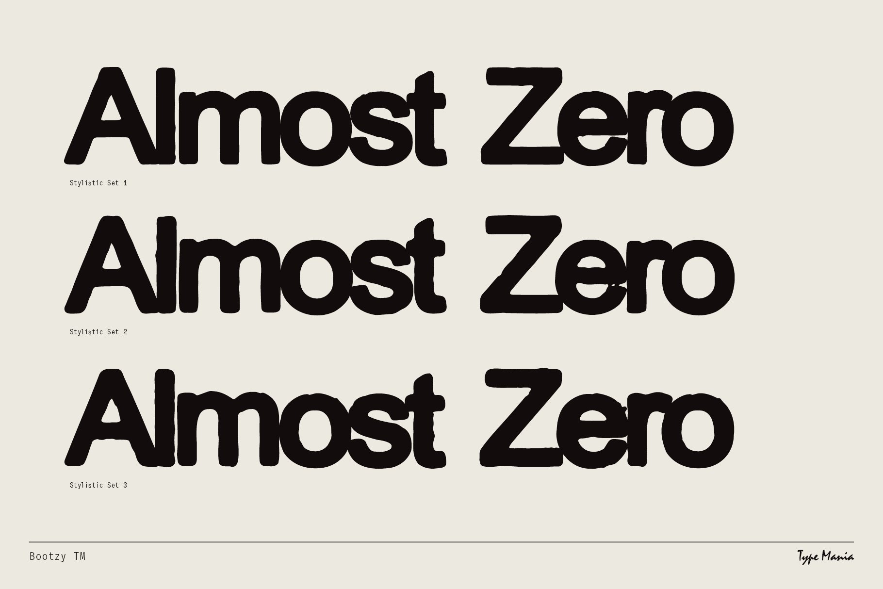 Bold font display with the text Almost Zero in three stylistic variations. Ideal for designers seeking unique typography, graphic design, font asset.