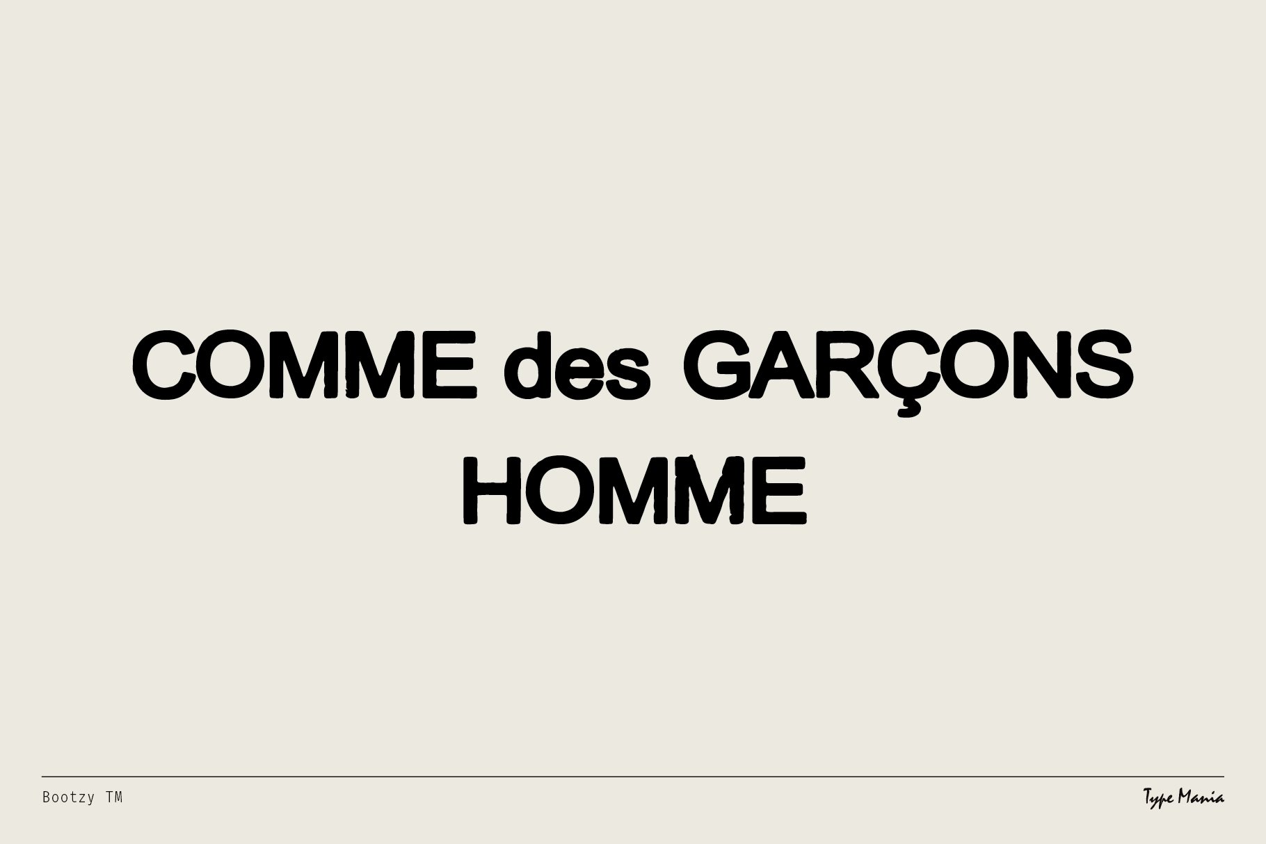 Bold sans-serif text reading Comme des Garçons Homme on a beige background Mockup for apparel branding or logo design Fonts for designers.