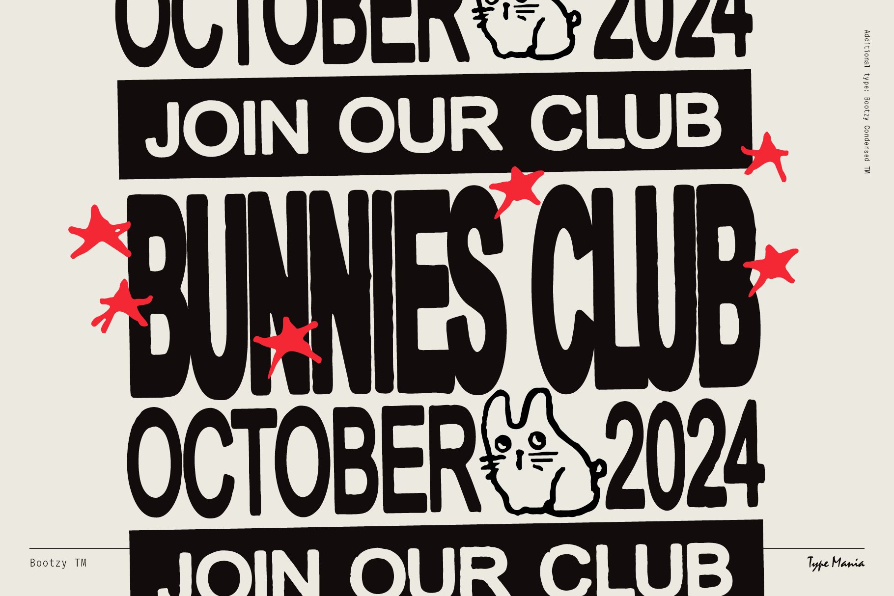Typography graphic design featuring bold text Join Our Club Bunnies Club October 2024 with red star accents and cute bunny illustration ideal for templates