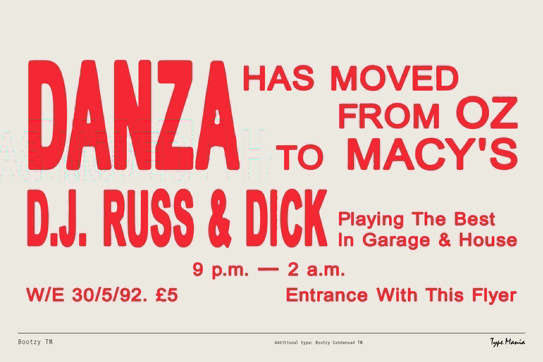 Bold retro party flyer design in red text for a club event. Includes DJ names venue change details date and time. Ideal for font and graphic templates.