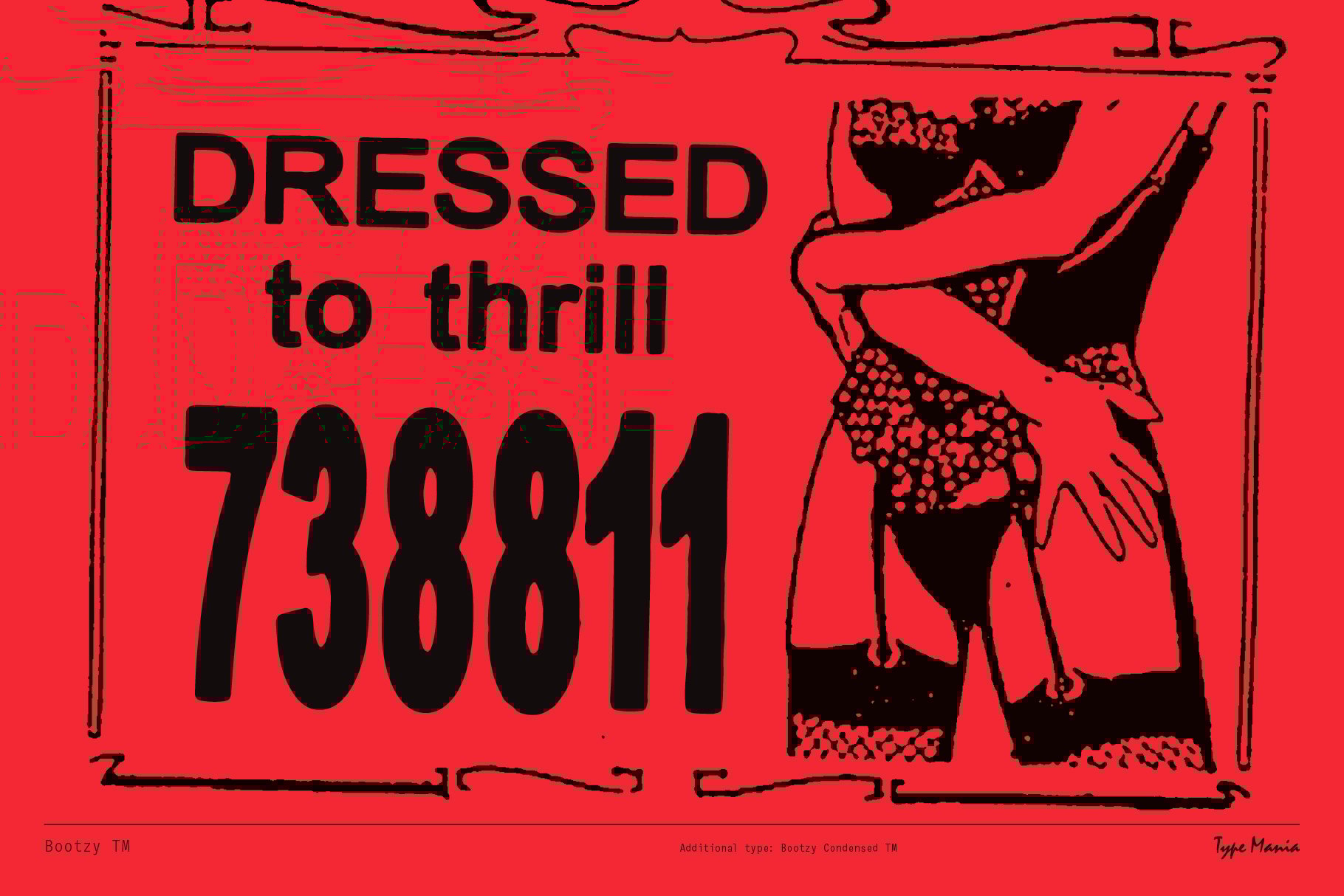 Red graphic poster with bold black typography saying Dressed to thrill 738811 featuring retro design elements. Ideal for designers seeking vintage style.