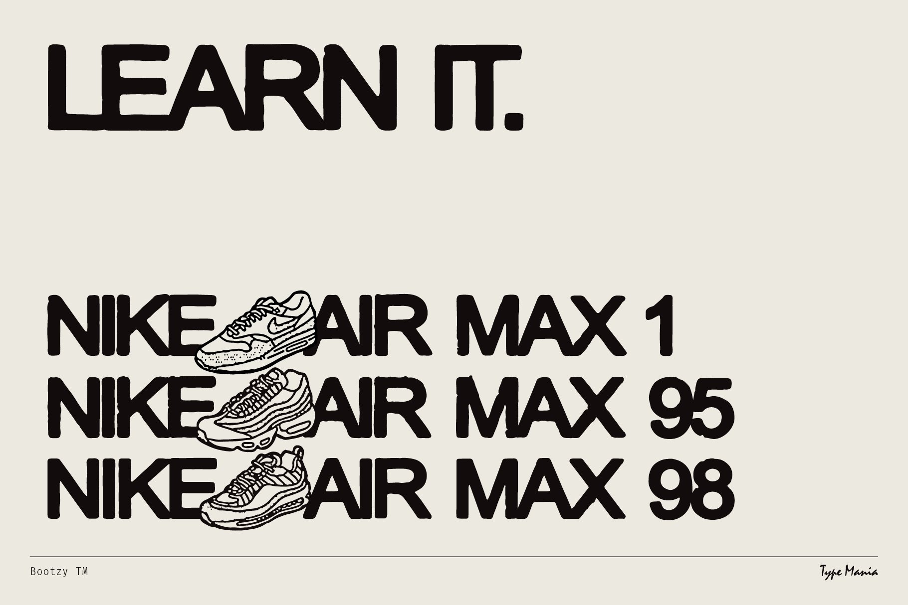 Bold typography design featuring Nike Air Max sneaker illustrations with text Learn It perfect for graphic design projects and branding mockups.