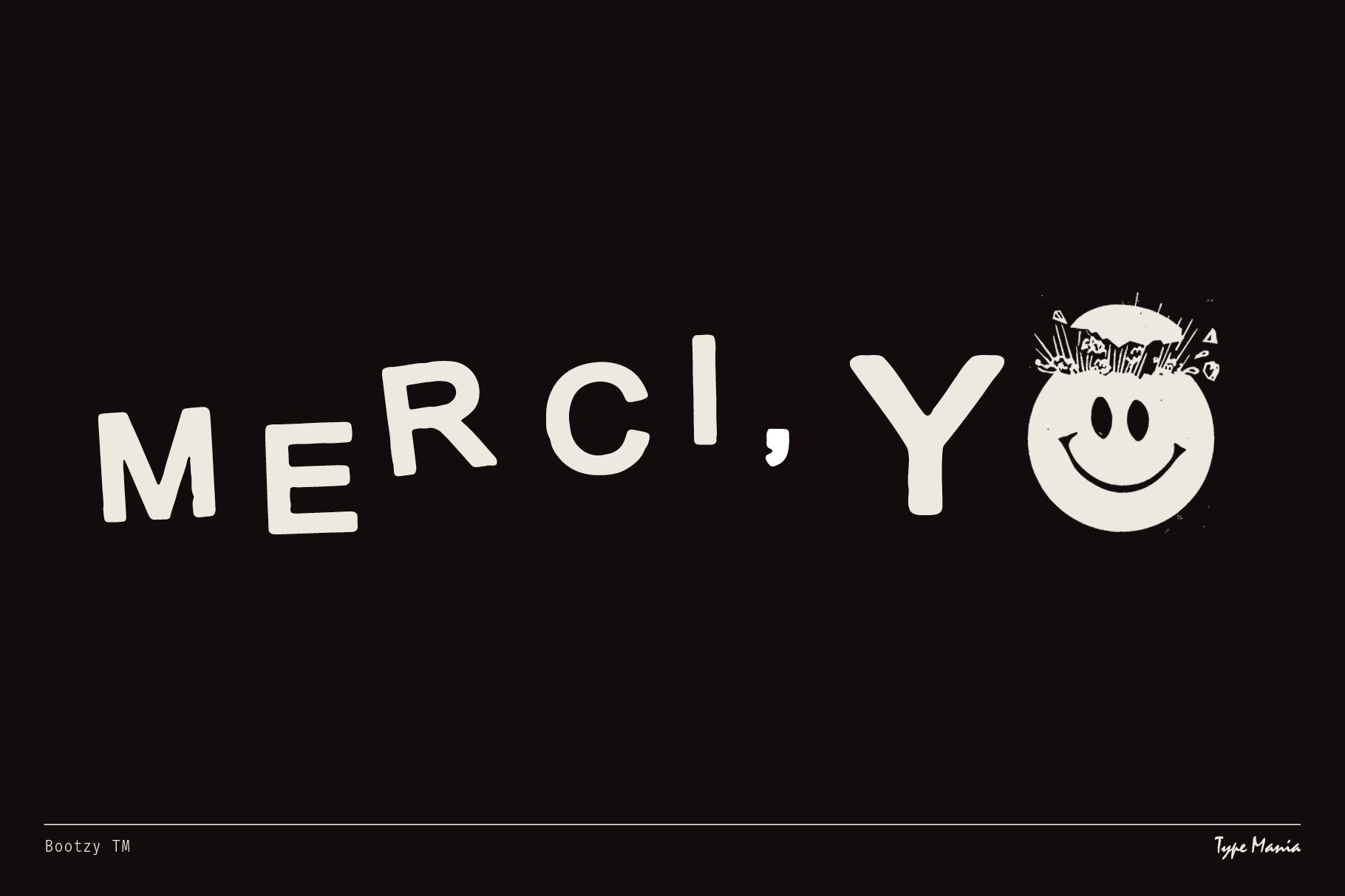 Creative font featuring Merci Yo text and a smiley face with flowers in black and white, ideal for graphic design projects and typography templates.