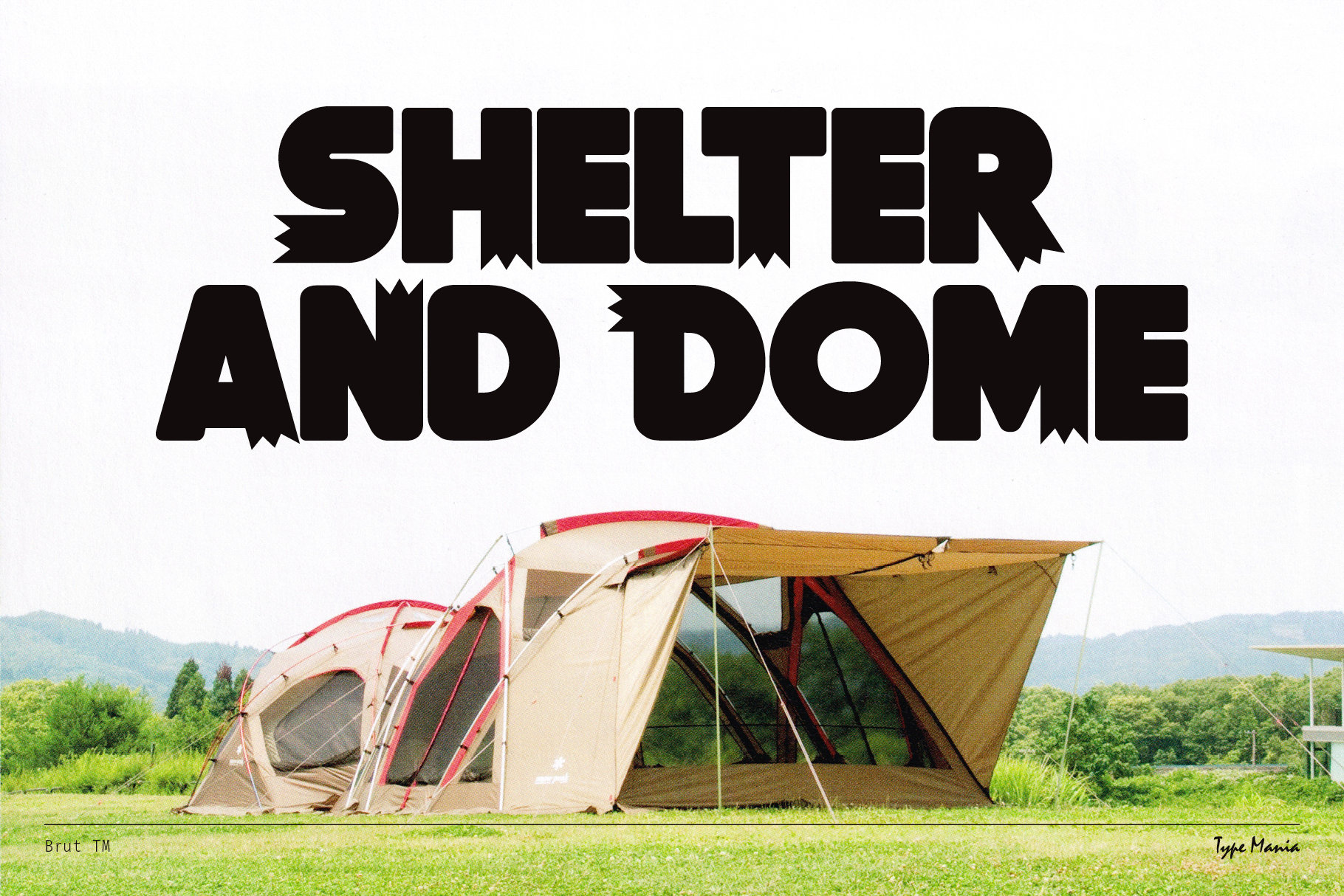 Bold font Shelter and Dome over a scenic landscape with a tent. Suitable for designers seeking eye-catching typography for graphics and templates.