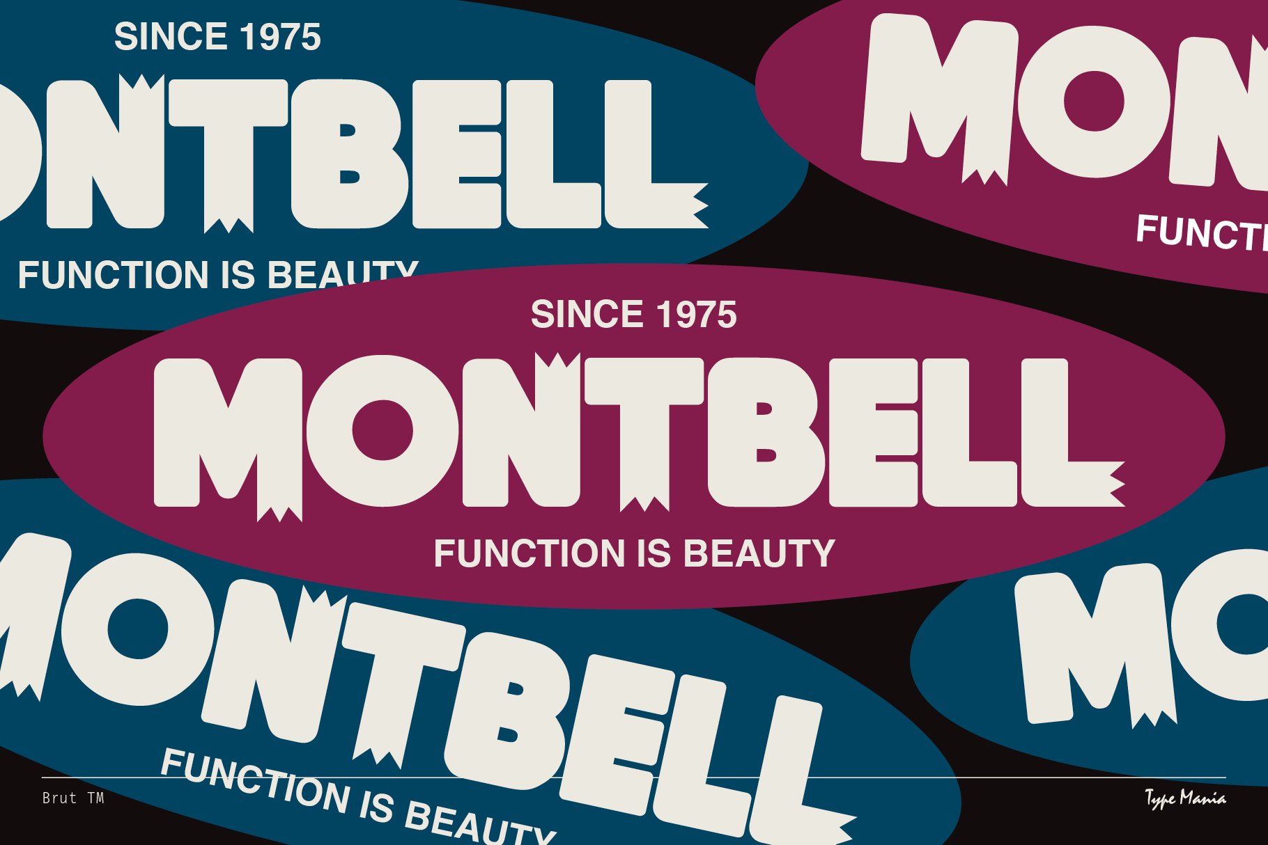 Bold retro-style typography design featuring Montbell text since 1975 in vibrant colors. Ideal for graphic designers seeking creative font inspiration.