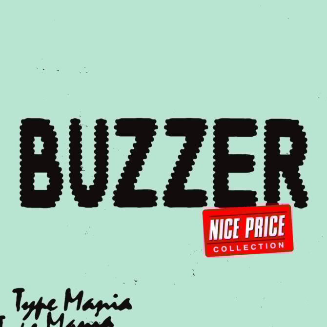 Bold and quirky font design titled Buzzer displayed on a teal background with Nice Price label. Perfect for designers seeking unique typography assets.