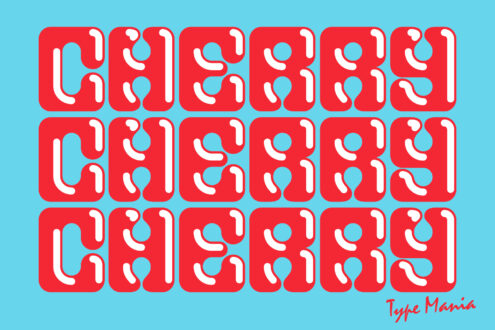 Neon red modular typeface tiles repeating pattern on bright blue