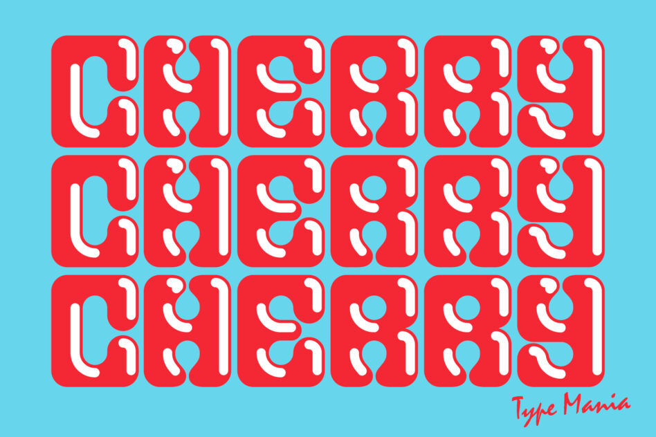 Neon red modular typeface tiles repeating pattern on bright blue