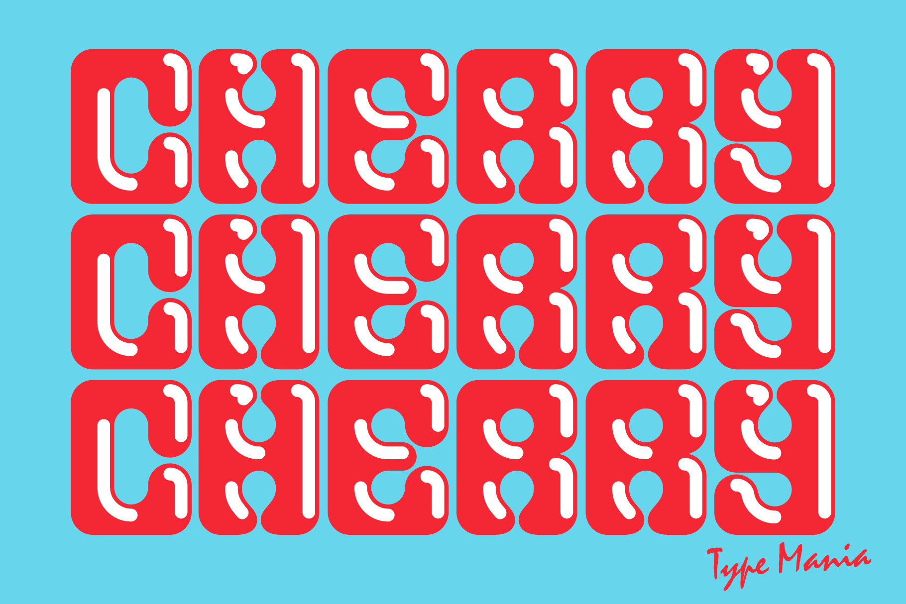 Bold cherry themed graphic text design with playful red letters on a blue background perfect for typography projects and creative font inspiration.